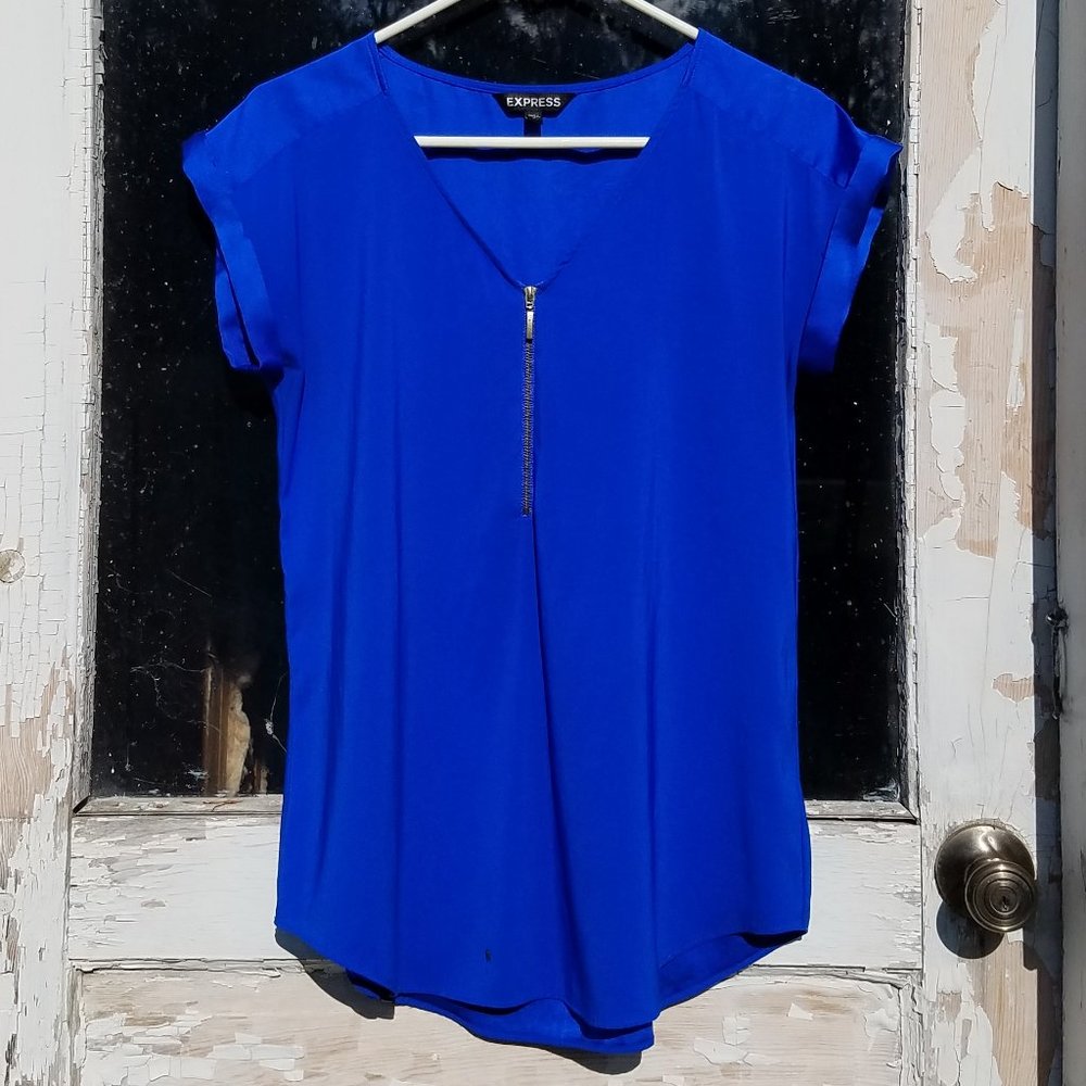 Express Gramercy Royal Blue V-Neck Tee w/ Zip Front